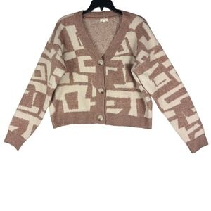 Debut Brown Geometric Abstract Knit Cardigan Sweater Womens Small V-Neck K3996